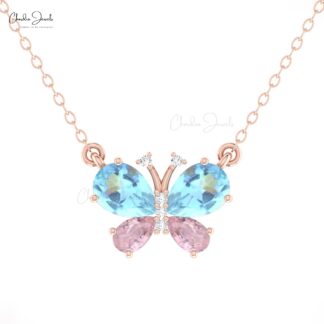 Pear Morganite Butterfly Necklace In 14k Solid Gold Aquamarine Gemstone Diamond Jewelry