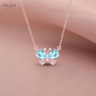 Pear Morganite Butterfly Necklace In 14k Solid Gold Aquamarine Gemstone Diamond Jewelry