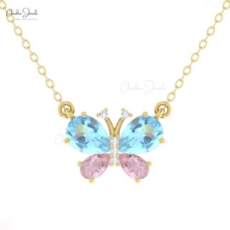 Pear Morganite Butterfly Necklace In 14k Solid Gold Aquamarine Gemstone Diamond Jewelry