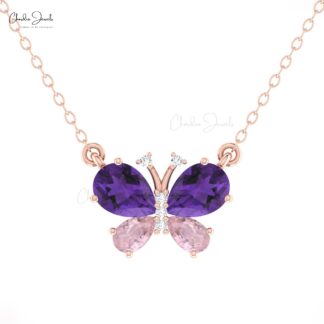 Diamond Papillion Chain Necklace With 1.26 Ct Amethyst And Morganite 14k Real Gold Necklaces
