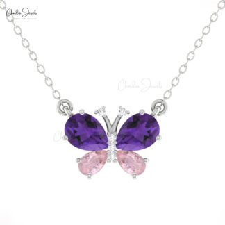 Diamond Papillion Chain Necklace With 1.26 Ct Amethyst And Morganite 14k Real Gold Necklaces