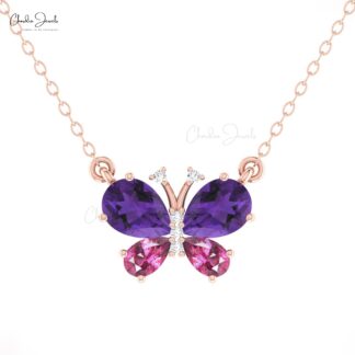 Butterfly Diamond Chain Necklace In Real 14k Gold Amethyst And Rhodolite Garnet Necklaces