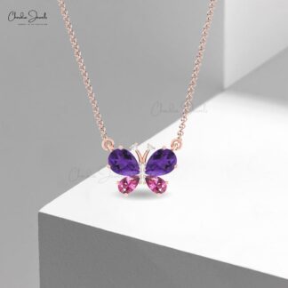 Butterfly Diamond Chain Necklace In Real 14k Gold Amethyst And Rhodolite Garnet Necklaces