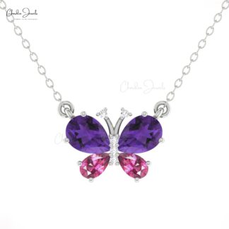 Butterfly Diamond Chain Necklace In Real 14k Gold Amethyst And Rhodolite Garnet Necklaces