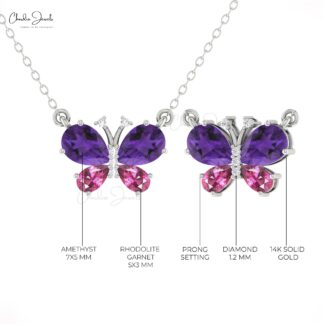 Butterfly Diamond Chain Necklace In Real 14k Gold Amethyst And Rhodolite Garnet Necklaces