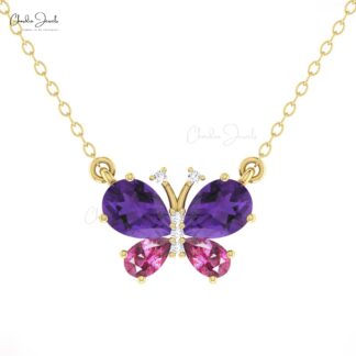 Butterfly Diamond Chain Necklace In Real 14k Gold Amethyst And Rhodolite Garnet Necklaces