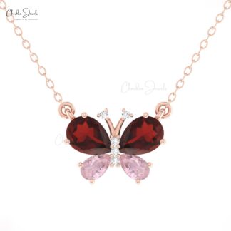 AAA Garnet And Morganite Butterfly Necklace In 14k Pure Gold Diamond Hallmarked Jewelry