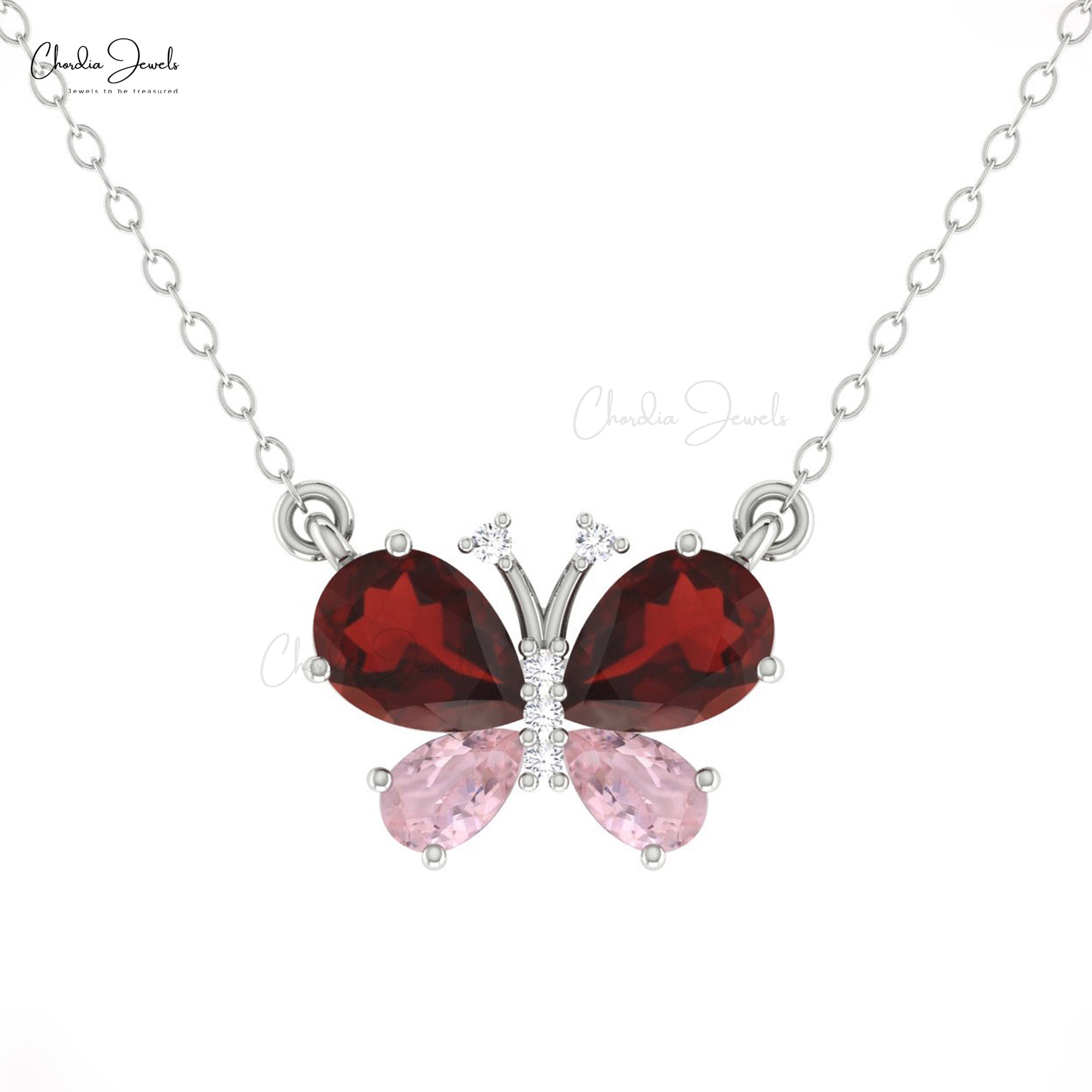 AAA Garnet And Morganite Butterfly Necklace In 14k Pure Gold Diamond Hallmarked Jewelry