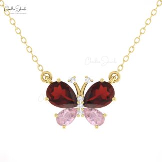 AAA Garnet And Morganite Butterfly Necklace In 14k Pure Gold Diamond Hallmarked Jewelry