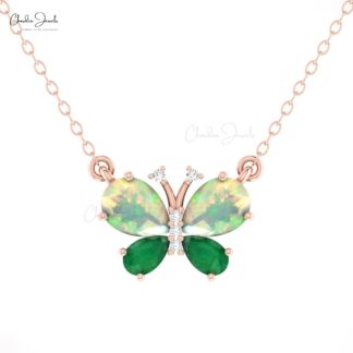 Natural Fire Opal Butterfly Necklace In 14k Pure Gold Emerald G-H Diamond Fine Jewelry