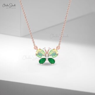 Natural Fire Opal Butterfly Necklace In 14k Pure Gold Emerald G-H Diamond Fine Jewelry