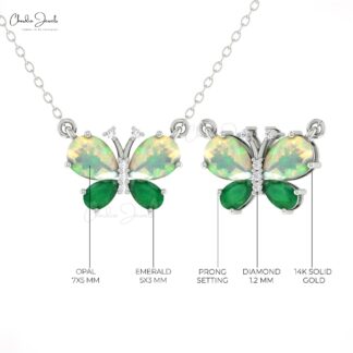 Natural Fire Opal Butterfly Necklace In 14k Pure Gold Emerald G-H Diamond Fine Jewelry