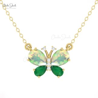 Natural Fire Opal Butterfly Necklace In 14k Pure Gold Emerald G-H Diamond Fine Jewelry