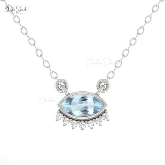 Pure 14k Gold Floating Necklace With 7×3.5mm Aquamarine And Diamond Thin Chain Necklaces