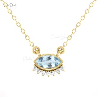 Pure 14k Gold Floating Necklace With 7x3.5mm Aquamarine And Diamond Thin Chain Necklaces