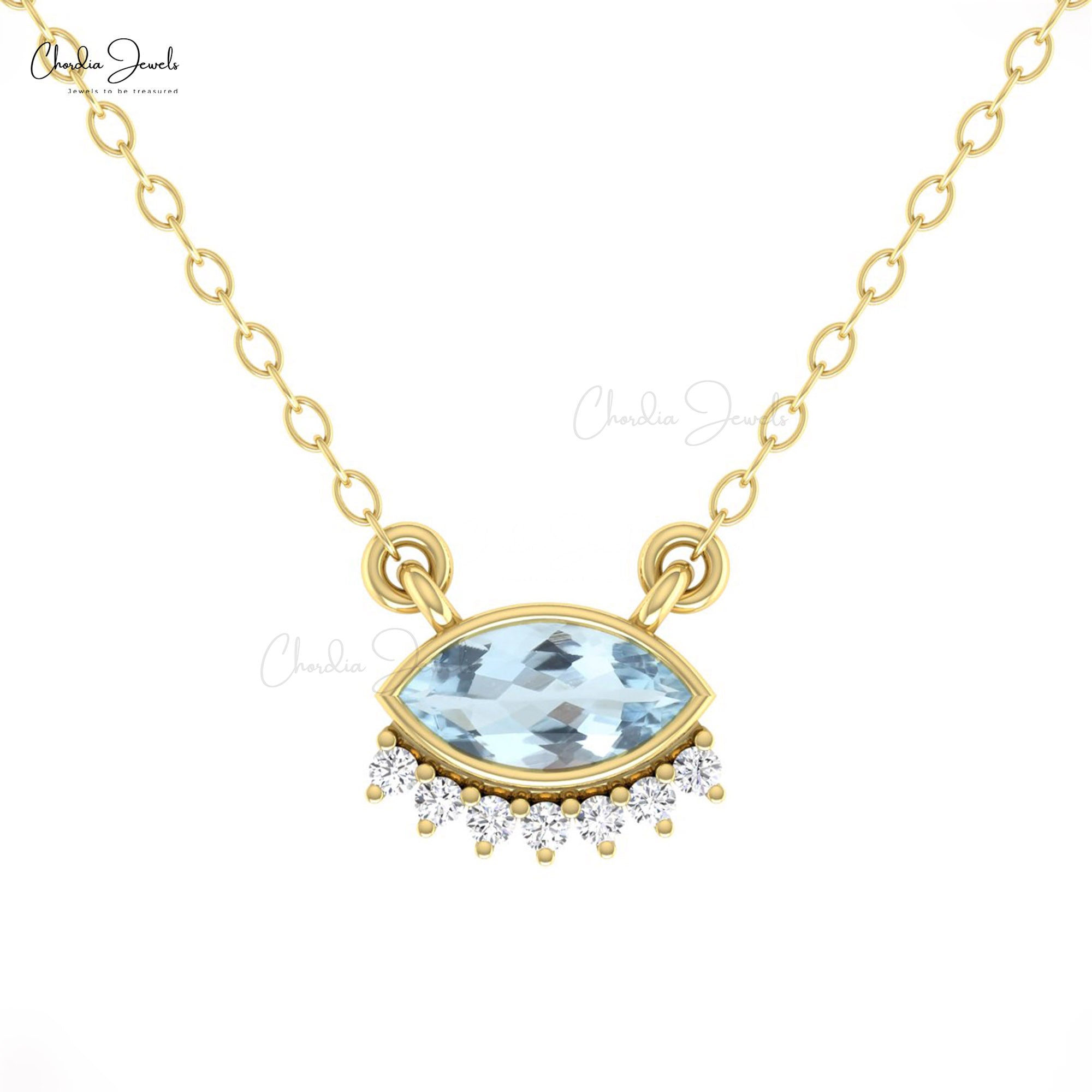 Pure 14k Gold Floating Necklace With 7×3.5mm Aquamarine And Diamond Thin Chain Necklaces