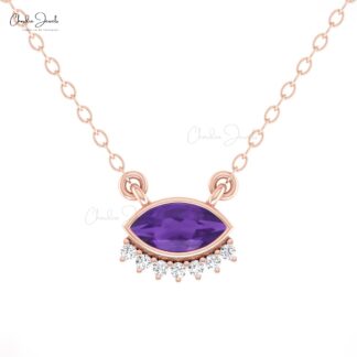 Evil Eye Marquise Necklace In Solid 14k Gold Amethyst And Diamond Hallmark Dainty Jewelry