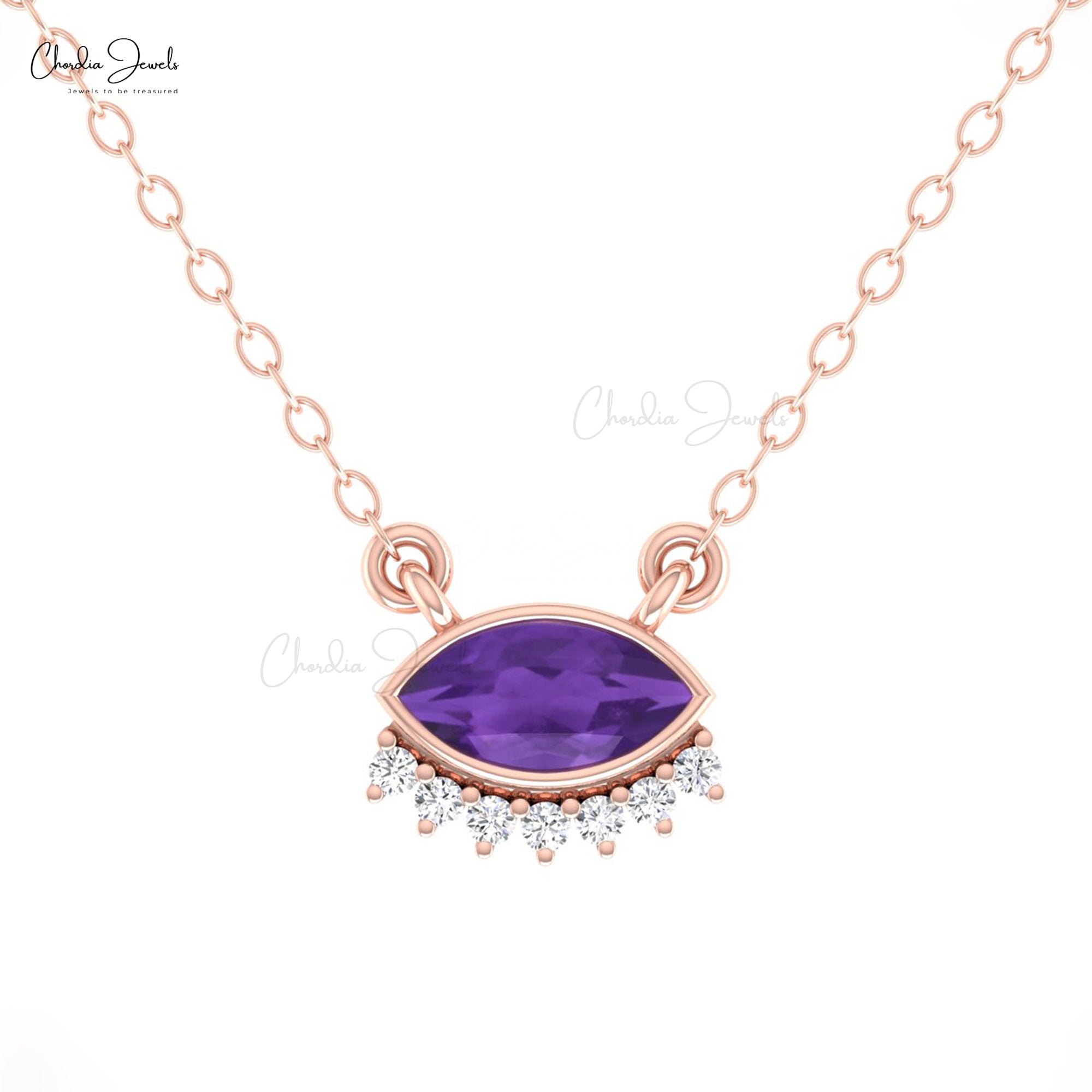 Evil Eye Marquise Necklace In Solid 14k Gold Amethyst And Diamond Hallmark Dainty Jewelry