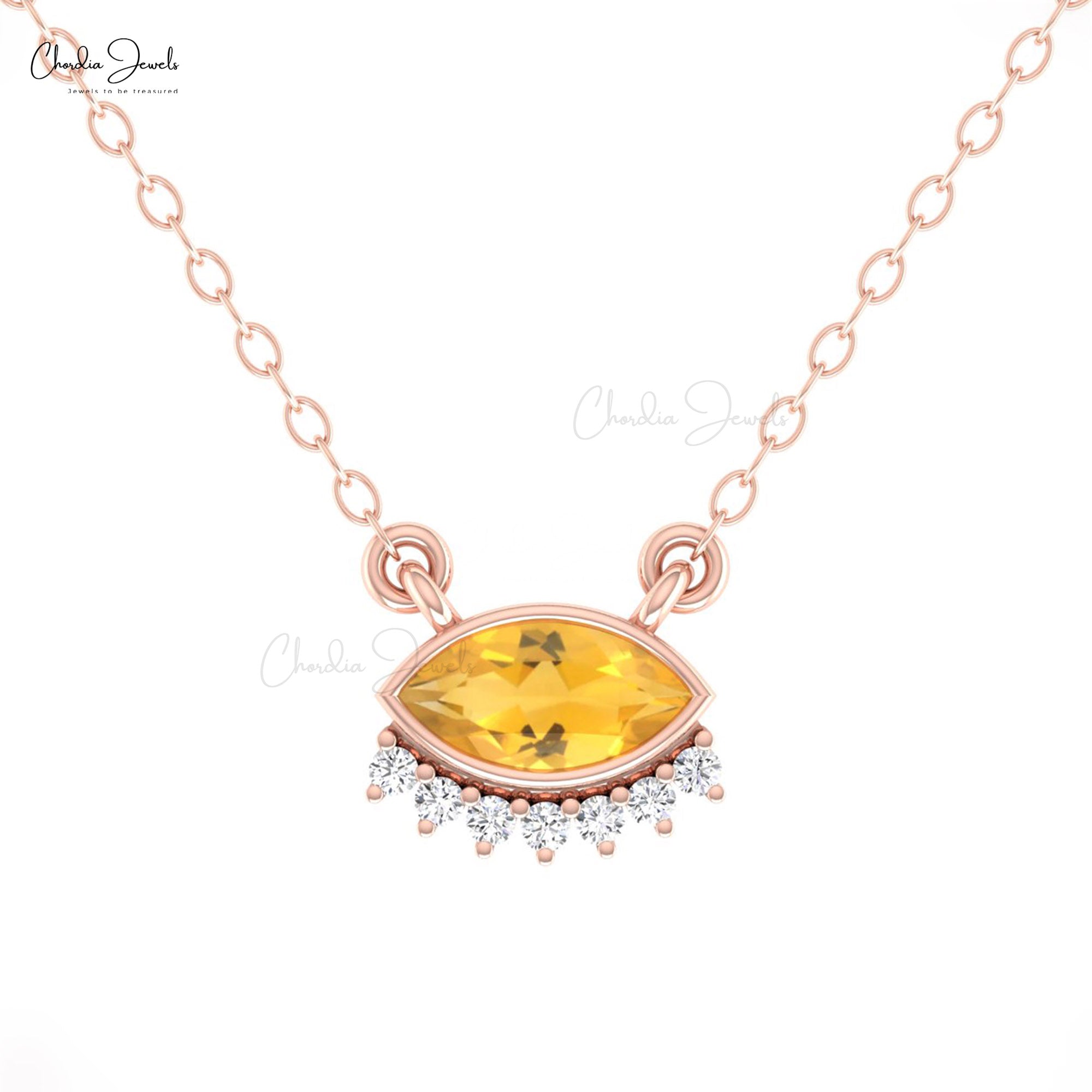 Marquise Citrine Dainty Necklace With Diamond Prong Set In 14k Solid Gold Fine Jewelry