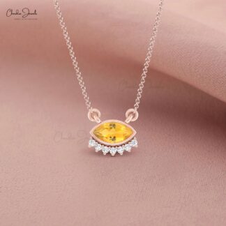 Marquise Citrine Dainty Necklace With Diamond Prong Set In 14k Solid Gold Fine Jewelry