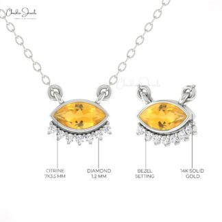Marquise Citrine Dainty Necklace With Diamond Prong Set In 14k Solid Gold Fine Jewelry