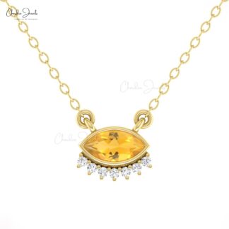 Marquise Citrine Dainty Necklace With Diamond Prong Set In 14k Solid Gold Fine Jewelry