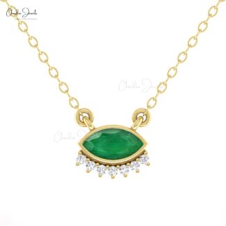 Marquise Floating Necklace In 14k Real Gold Emerald And Diamond Dainty Chain Necklaces