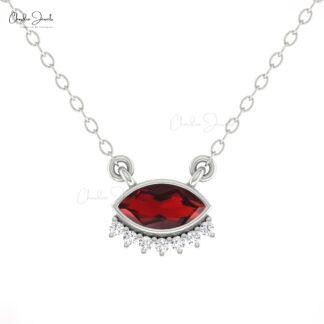 Natural Red Garnet Dainty Necklace With Floating Diamond 14k Real Gold Bridal Necklaces