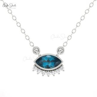 Solid 14k Gold Floating Necklace In 0.35 Ct London Blue Topaz And Diamond Eye Necklaces