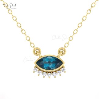 Solid 14k Gold Floating Necklace In 0.35 Ct London Blue Topaz And Diamond Eye Necklaces