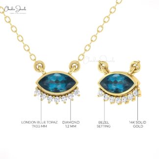 Solid 14k Gold Floating Necklace In 0.35 Ct London Blue Topaz And Diamond Eye Necklaces