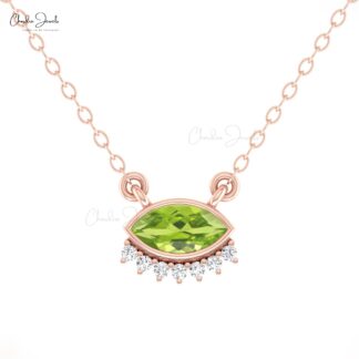 Delicate Floating Diamond Necklace With 7x3.5mm Peridot August Birthstone 14k Gold Necklace