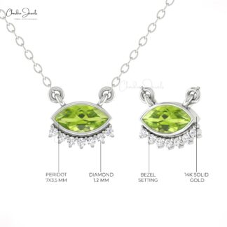 Delicate Floating Diamond Necklace With 7×3.5mm Peridot August Birthstone 14k Gold Necklace