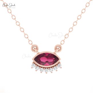Dainty Diamond Evil Eye Necklace With 0.35 Ctw Rhodolite Garnet 14k Pure Gold Fine Jewelry