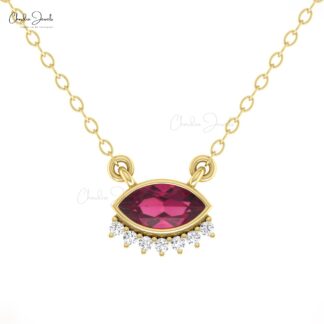 Dainty Diamond Evil Eye Necklace With 0.35 Ctw Rhodolite Garnet 14k Pure Gold Fine Jewelry