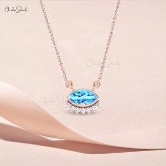 Diamond Floating Chain Necklace In Real 14k Gold Swiss Blue Topaz 0.35 Ct Marquise Jewelry