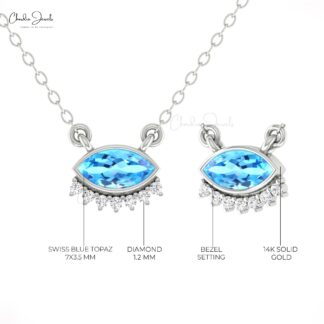 Diamond Floating Chain Necklace In Real 14k Gold Swiss Blue Topaz 0.35 Ct Marquise Jewelry