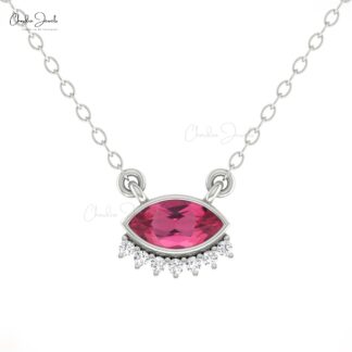 Floating Diamond Necklace In 14k Real Gold Pink Tourmaline Evil Eye Minimal Chain Necklace