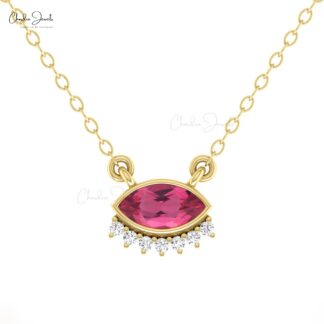 Floating Diamond Necklace In 14k Real Gold Pink Tourmaline Evil Eye Minimal Chain Necklace