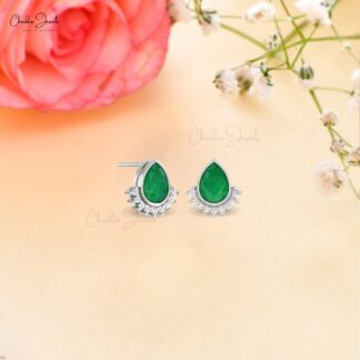 Dainty Flare Studs In 14k Real Gold Zambian Emerald And Diamond Push Back Earrings