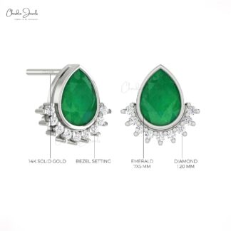 Dainty Flare Studs In 14k Real Gold Zambian Emerald And Diamond Push Back Earrings