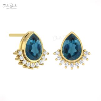 AAA London Blue Topaz Stud With Dainty Diamond Accents In 14k Real Gold Flare Earrings