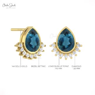 AAA London Blue Topaz Stud With Dainty Diamond Accents In 14k Real Gold Flare Earrings