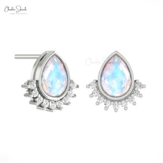 Tear Drop Moonstone Bezel Set Studs In 14k Solid Gold With Dainty Diamond Flare Earrings