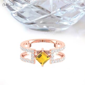 Dainty Diamond Dual Band With 0.6 Ct Citrine Prong Set In 14k Solid Gold Split Shank Ring