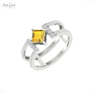 Dainty Diamond Dual Band With 0.6 Ct Citrine Prong Set In 14k Solid Gold Split Shank Ring