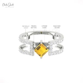 Dainty Diamond Dual Band With 0.6 Ct Citrine Prong Set In 14k Solid Gold Split Shank Ring