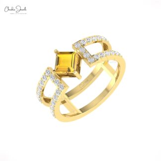 Dainty Diamond Dual Band With 0.6 Ct Citrine Prong Set In 14k Solid Gold Split Shank Ring