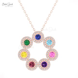 Rainbow Halo Diamond Necklace With 3mm Multi Stone Bezel Set In 14k Solid Gold Necklaces