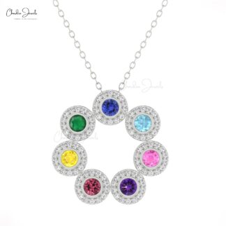Rainbow Halo Diamond Necklace With 3mm Multi Stone Bezel Set In 14k Solid Gold Necklaces